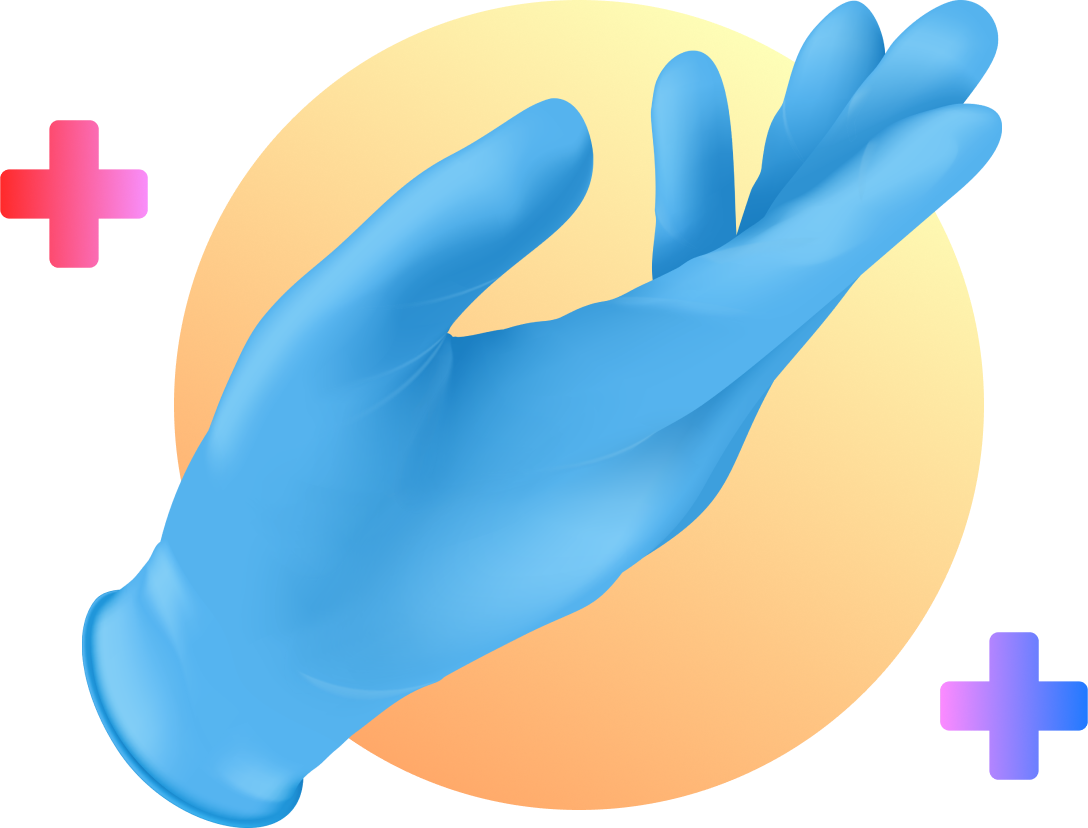 Image of a glove, circle, and medical symbols